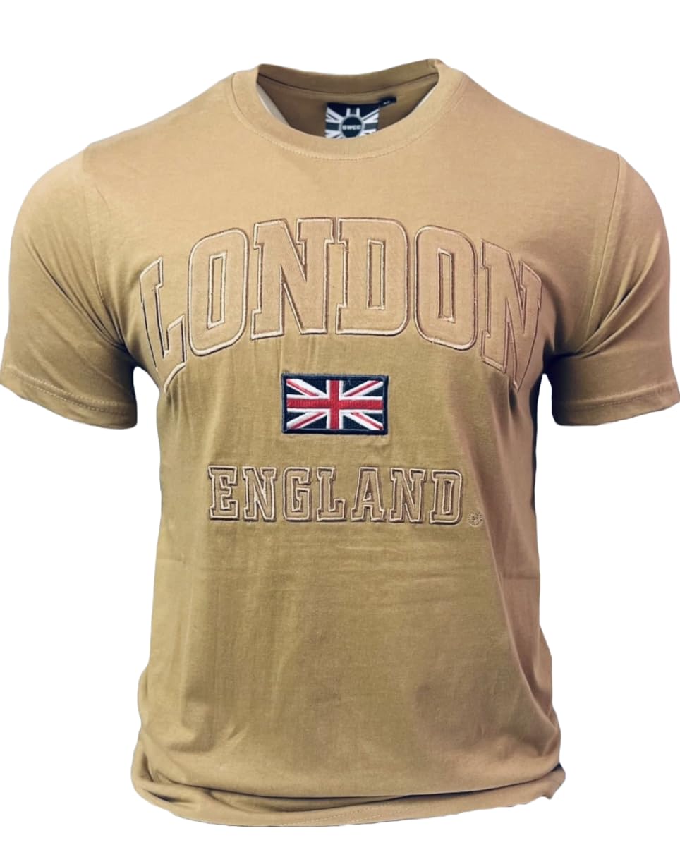 GWCCUnisex London England Applique Embroidery t-Shirt, self-Colour Embroidery, Colour Desert Storm with Union Jack XS to 4XL