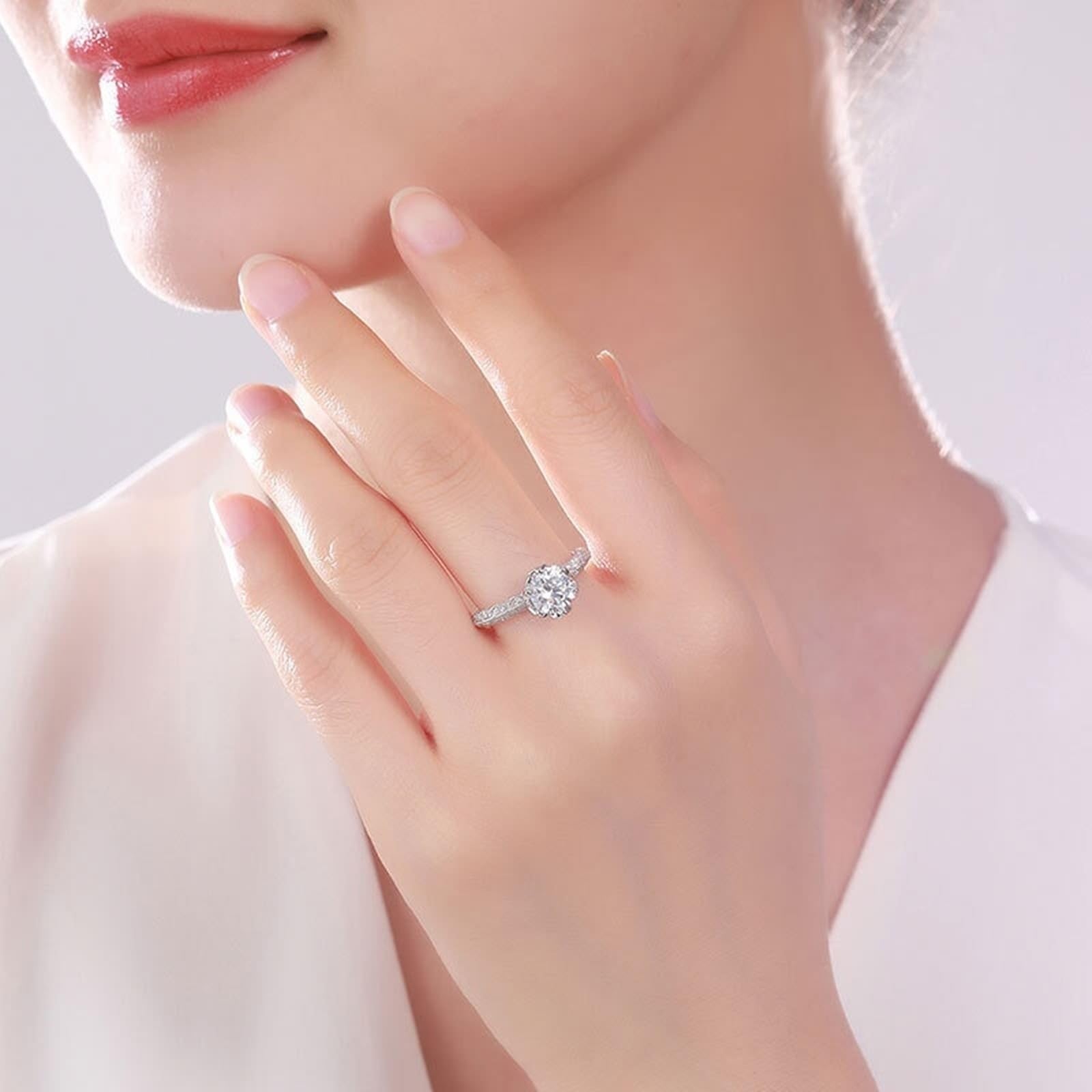 14 Karat Weißgold Ring Für Freundin Labordiamant Weiß, Eternity Ring Gedrehte Blätterblume, 6-Zackiger Labordiamant, 1 Karat