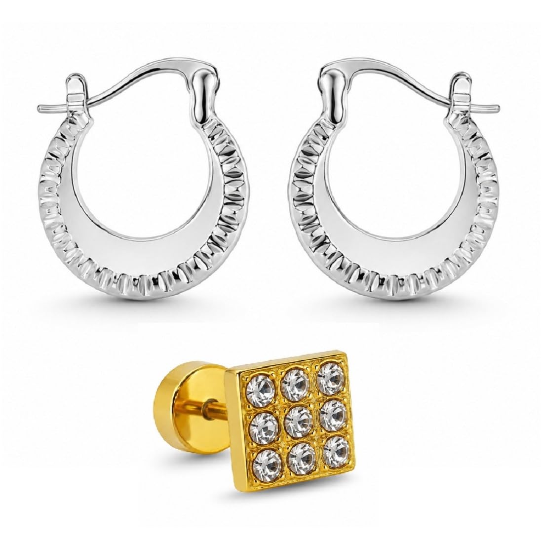 adhvik Combo of Men Golden Square Crystal & Golden Round Black Ear Earrings Stylish Studs for Daily Wear Party Look-picture-32