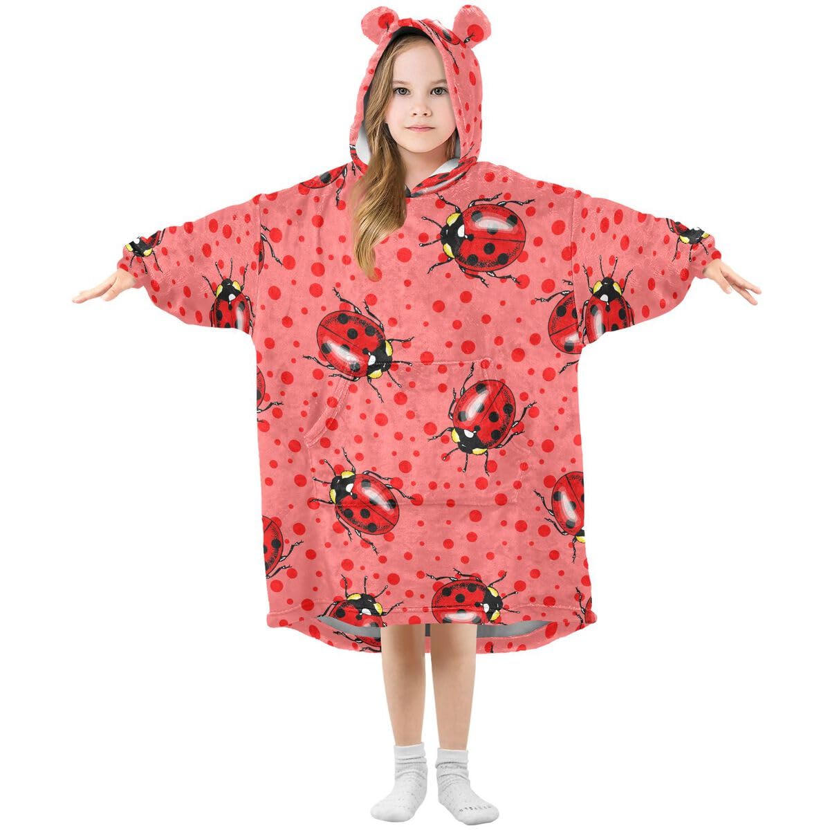 Czerwone biedronki dziecięcy koc do noszenia bluza z kapturem oversize bluza koc sweter różowy w kropki dla chłopców i dziewcząt w wieku 3-14 lat, multi, 150-170