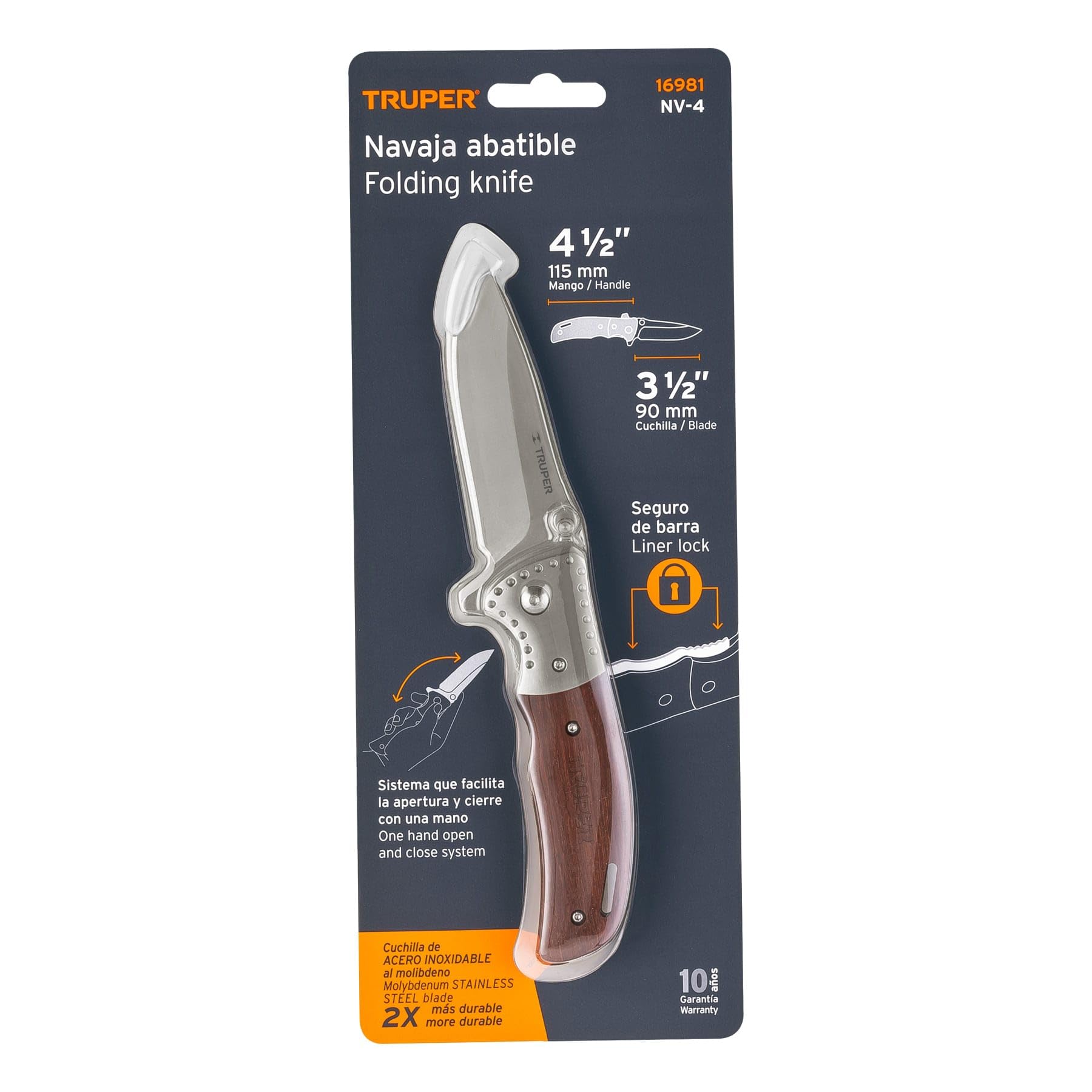 Truper NV-4, Coltello pieghevole pieghevole, manico in legno, 4-1/2"