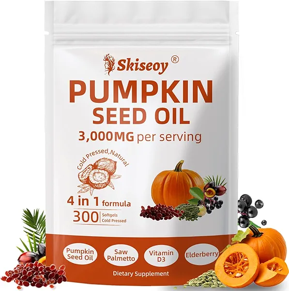 Pumpkin Seed Oil with Saw Palmetto, 300 Softgels | 4 in 1 Vitamin D3 & Elderberry, 3000mg Cold Pressed & Pure Virgin Oil | Supports Hair, Urinary, Bladder & Prostate Health, Immune | Vegan, Non-GMO