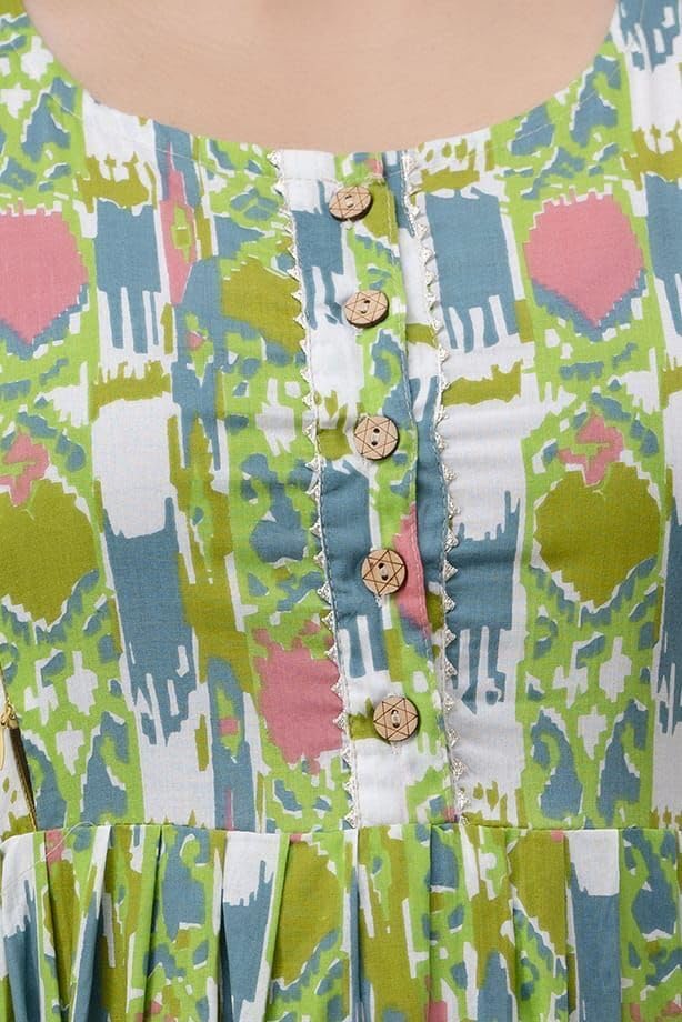 Image of Amazon Brand - Tavasya Women Botanical Floral Printed Maternity Midi Dress | Round Neck | 3 /4 Ruffle Sleeves | Concealed Feeding Zip | Gathered Tiered Nursing Dress