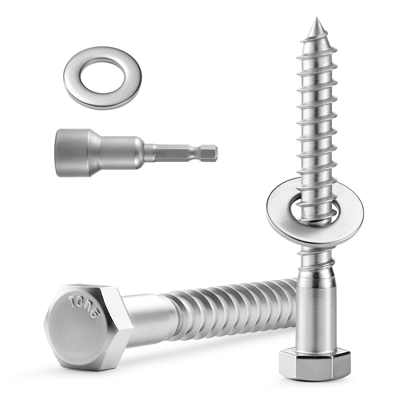 Stainless Steel Lag Screws - 20 Sets with Washers & Bit -1