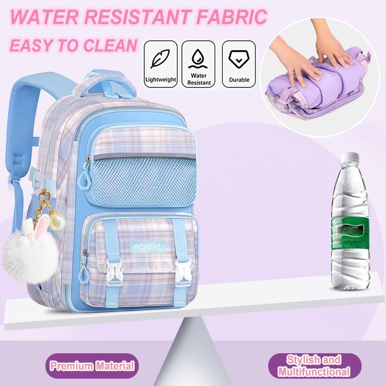 Miniatura 5 de Juego de 6 mochilas kawaii, mochila azul a cuadros para laptop, resistente al agua, ligera, mochila de doble hombro de gran capacidad con correa