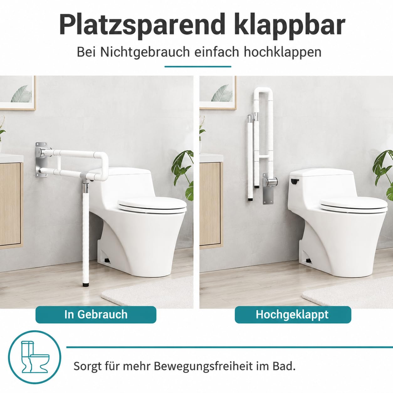 Uchwyt ścienny WC składany z nóżką, obciążenie 200 kg, biały | Składany uchwyt podporowy do WC, uchwyt 60 cm, do łazienki, seniorów i pielęgnacji