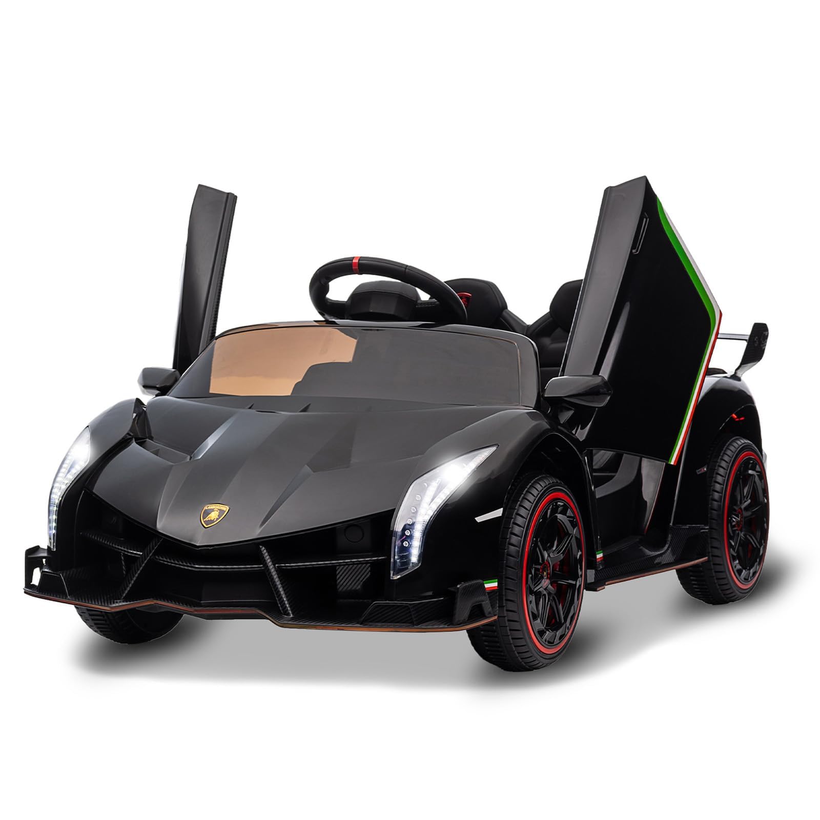 Lamborghini Kinder-Elektroauto 12V mit 2 Motoren & Fernbedienung für Kinder 3-8 Jahre – Inkl. Hupe, Bluetooth-Musik, USB und Vorwärts-/Rückwärtsfahrt (3-7 km/h), für Kinder ab 3 Jahre (Schwarz)