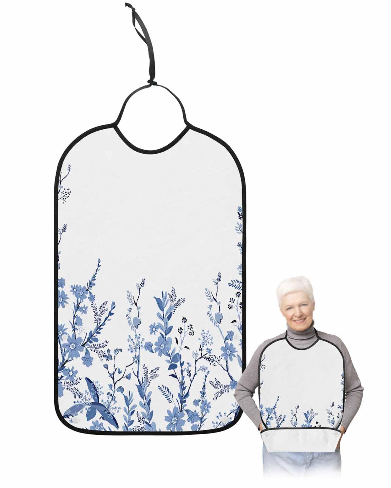 LEOKOTI Blue Spring Floral Adult Bibs for Eating, Waterproof Bibs with Food Catcher & Adjustable Snap Closure, Summer Flowers Botanical Herbs Washable Clothing Protectors Adult Bibs for Elderly