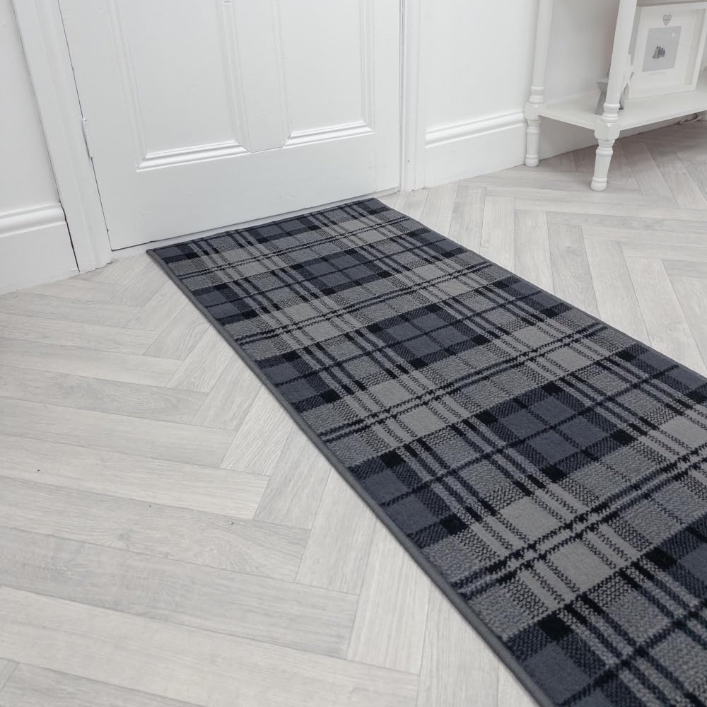 runrug Soft & Luxurious Hallway Runner Rug - Comfortable Carpet for Hall, Kitchen & Corridor - Multiple Sizes - Stain-Resistant, Dirt-Resistant - 100cm x 360cm - 9mm Thick - Tartan, Black