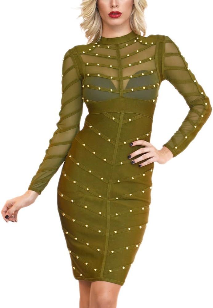 Long Sleeve Mesh Beaded Knee Length Rayon Bandage Dress