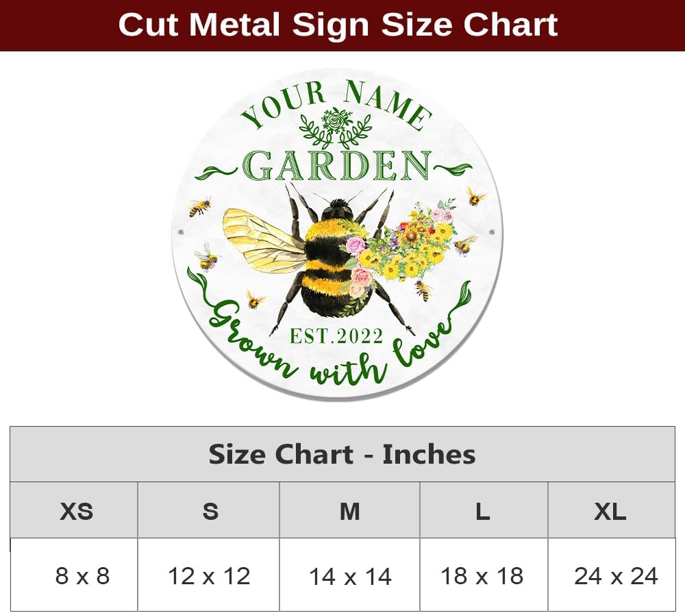 MeMate Personalized Garden Signs Outdoor Decor - Bee Garden Sign - Bee Farm Sign - Customized Name Year Art Metal Sign for Garden with Bee Flower - Metal Plaque for Garden Decoration