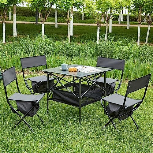 GOWE Set of 5, Folding Outdoor Table and Chairs Set for Indoor, Outdoor Camping, Picnics, Beach,Backyard, BBQ, Party, Patio, Black/Gray