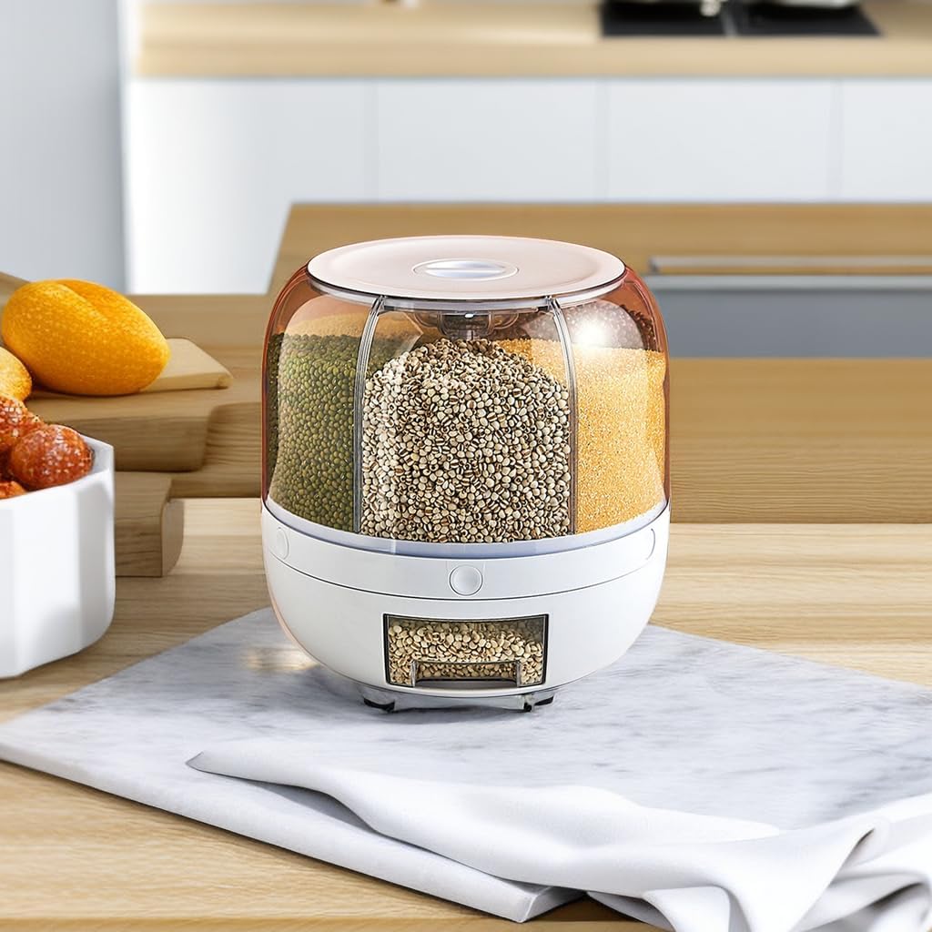 6 Scomparti Dispenser per Alimenti con Rotazione a 360° con Coperchio per Grani PiccoliFagioli, Riso (5 kg), Contenitore per Riso e Grano Food Storage Packaging