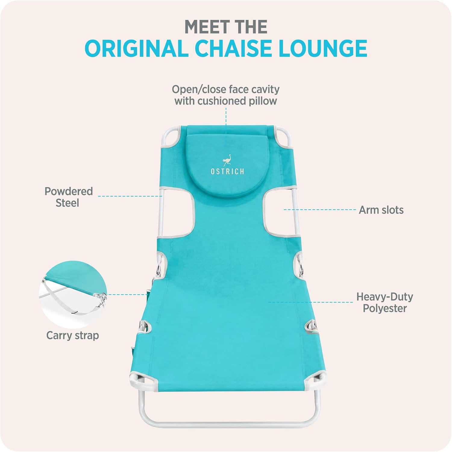 Ostrich the Original Chaise 72 x 22 Inch Lounge Portable Reclining Lounger, Outdoor Patio, Beach, Lawn, Camping, or Pool Tanning Chair, Aqua