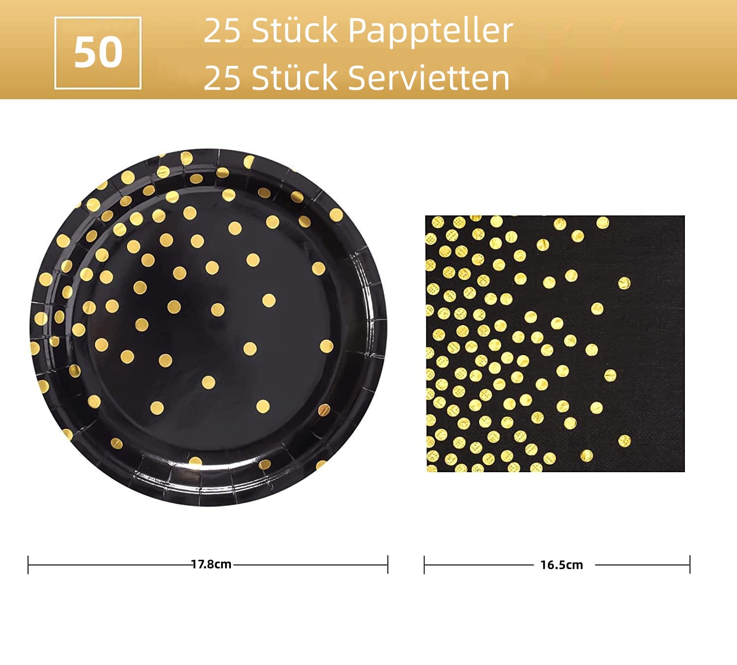50 Stück Schwarze Pappteller Mit Goldfolie – 23 Cm Einwegteller Für Geburtstag, Hochzeit & Party