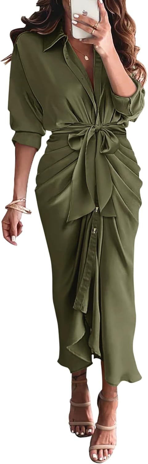 BTFBM Maxi Dresses for Women Fall 2025 Long Sleeve Lapel Neck Button Down Elegant Satin Belted Ruched Summer Shirt Dress