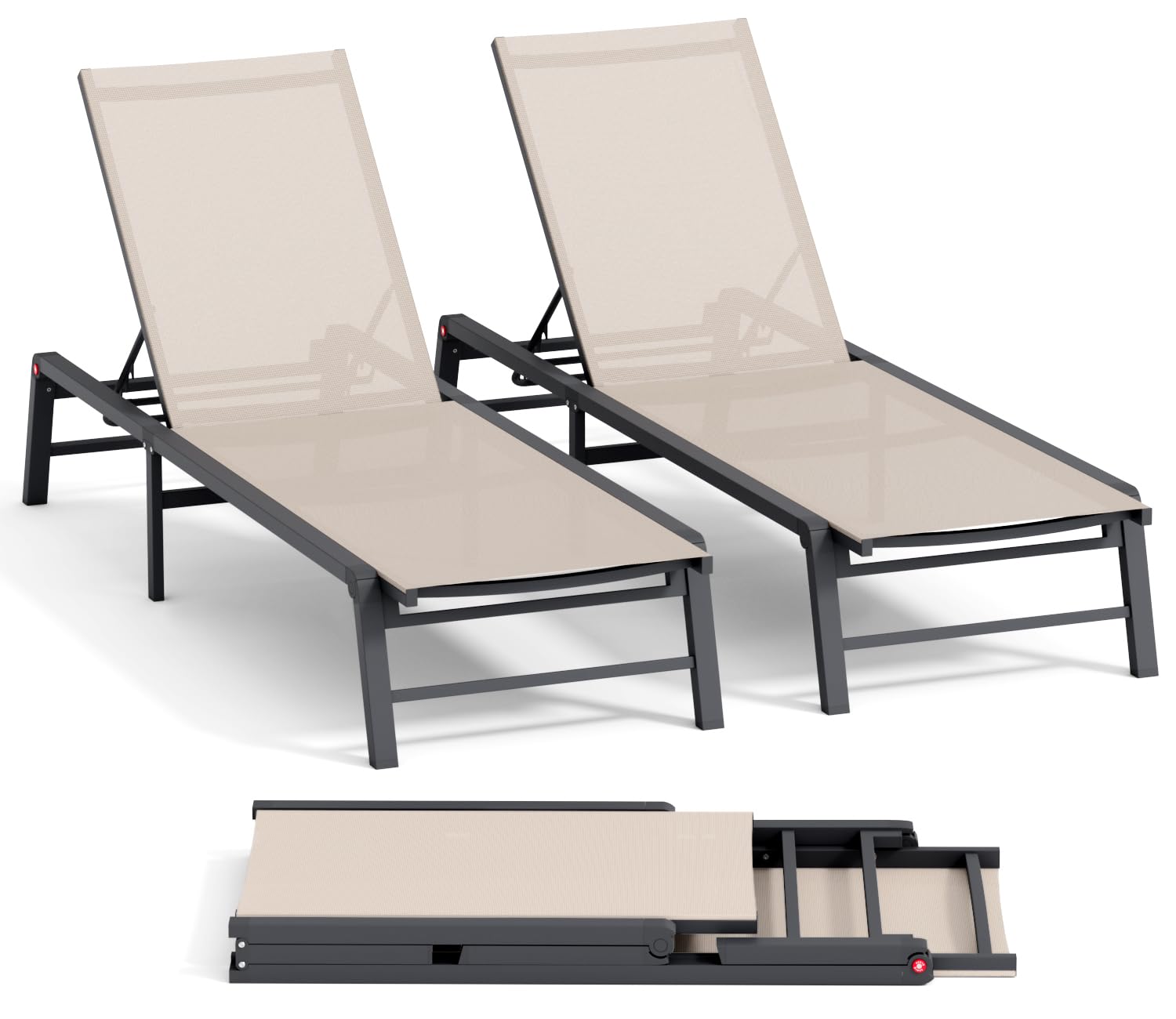 Aluminum Chaise Lounge Chair Outdoor, Foldable Patio Lounge Chair 2 Sets Assemble-Free, Pool Lounge Chairs with 5 Adjustable Backrest, Outdoor Lounge