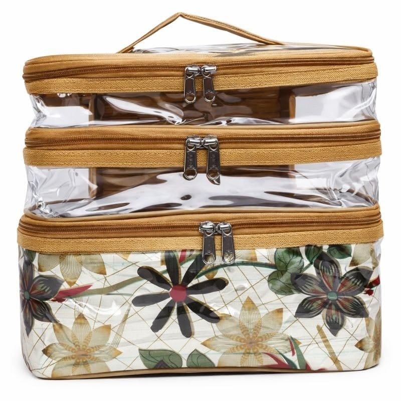 3 Layer Cosmetic Organizer Bag with Transparent Window, Travel Makeup Storage Box with Handle, Portable Cosmetic Pouch for Makeup, Toiletries & Jewellery (Cream)-image-15