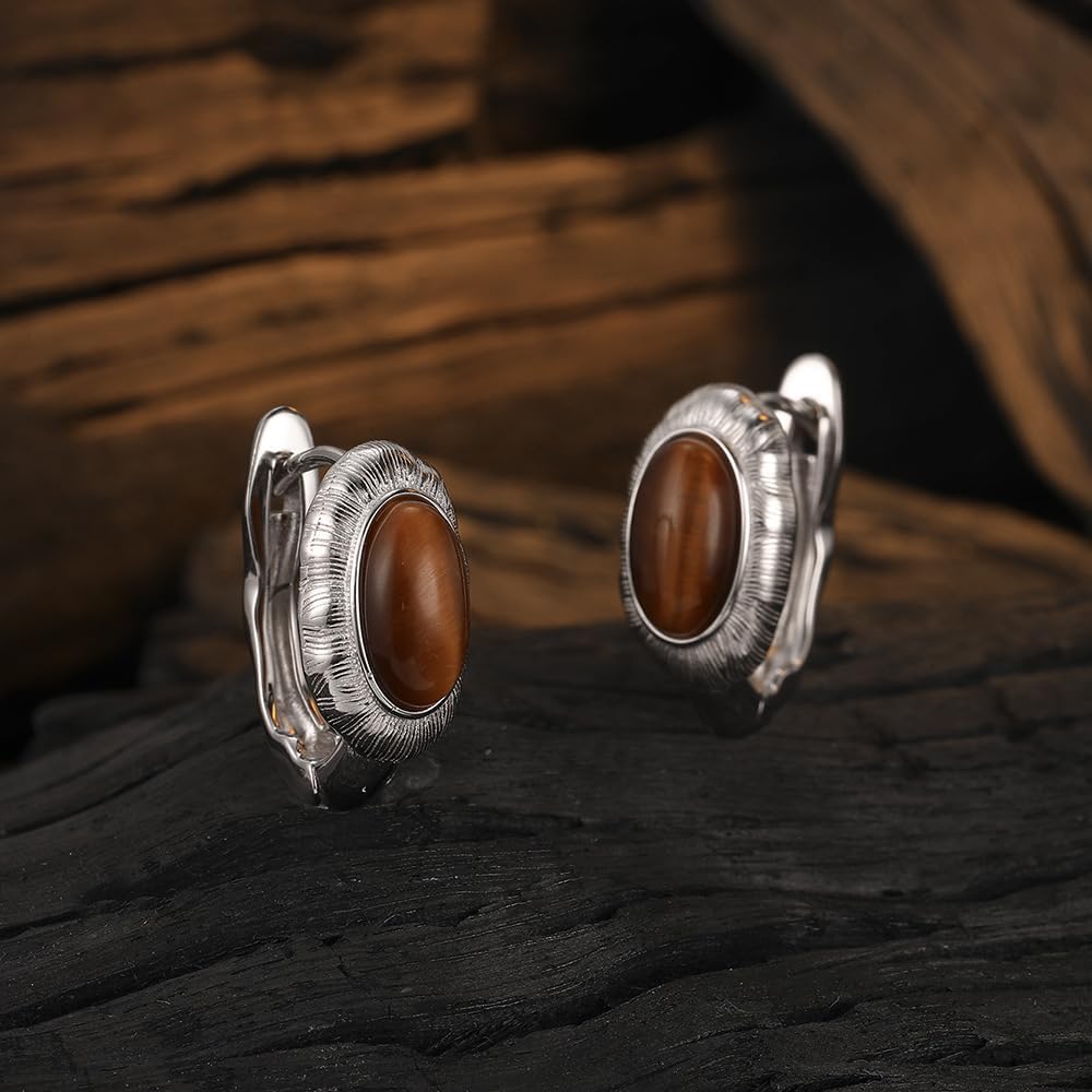 Clip on Hoop Earrings Sterling Silver Tigerite Vintage Natural Gemstones Chunky for Women