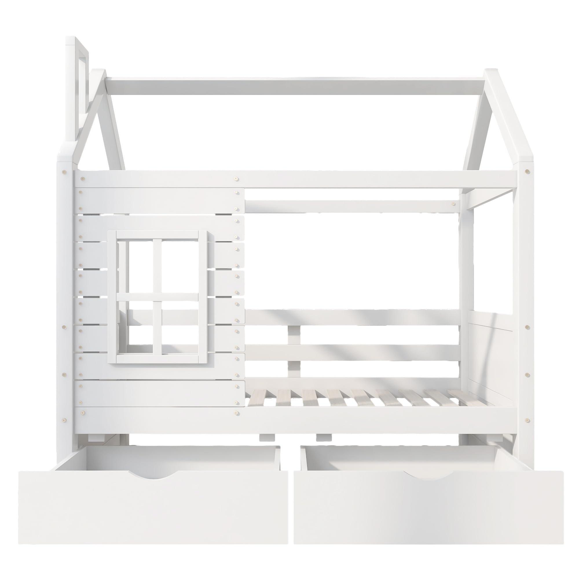 Cama infantil de 160 x 80 cm con protección anticaídas, versátil de madera maciza para niños, con ventana y somier, color blanco