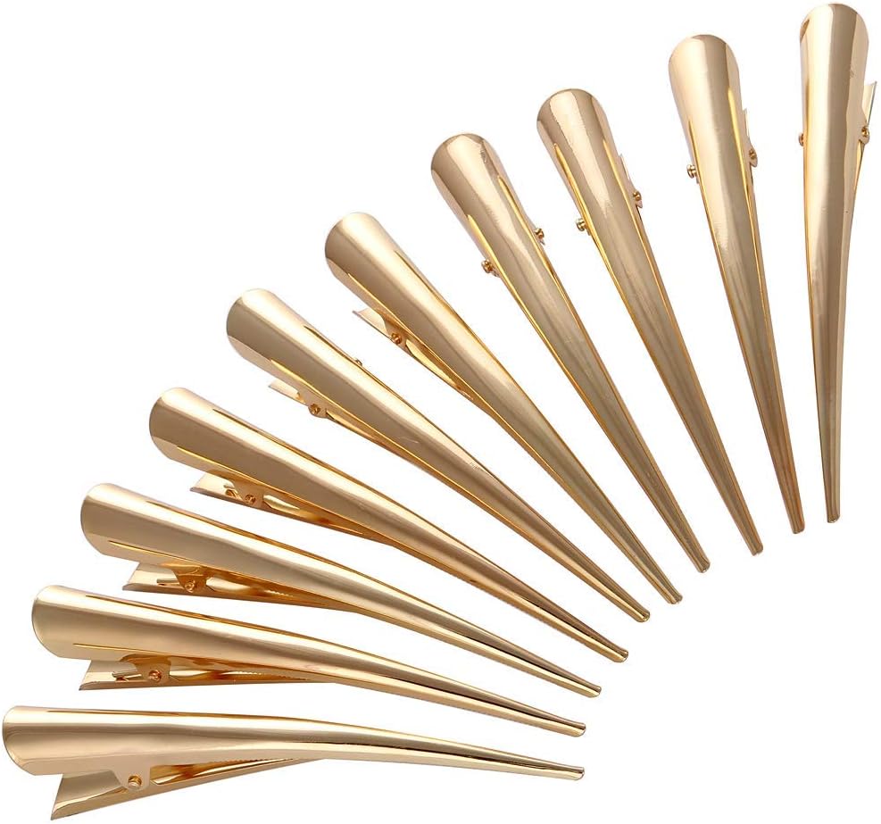 LONEEDY 10 Pack Duckbill Hair Clips with Teeth, Metal Alligator Curl Clips with Holes for Hair Styling, Non-slip Hair Barrettes Hair Grip DIY Accessories (Large, Gold)
