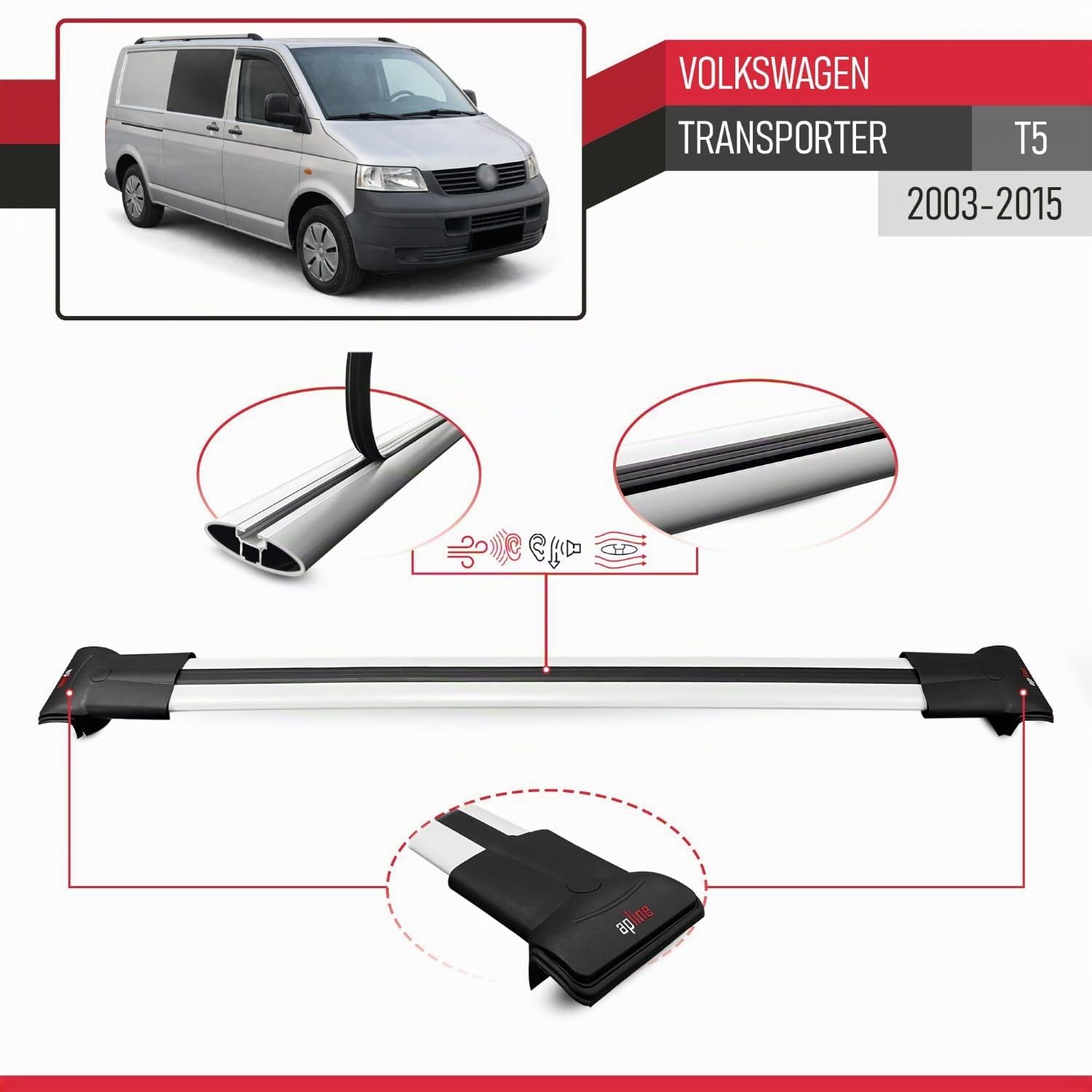 Compatible con Volkswagen Transporter (T5) 2003-2015 Modelo Fly Barra de Techo Auto Portaequipajes Barras Transversales Gris Aluminio 2 Barras