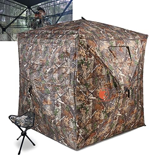 HUNT MONSTER Hunting Blind 2-3 Person with Tri-Leg Hunting Stool, 270 Degree See Through Pop up Ground Blinds for Deer Turkey Duck Hunting, Bow Hunting Adjust Windows with Silent Zipper(Camo1)