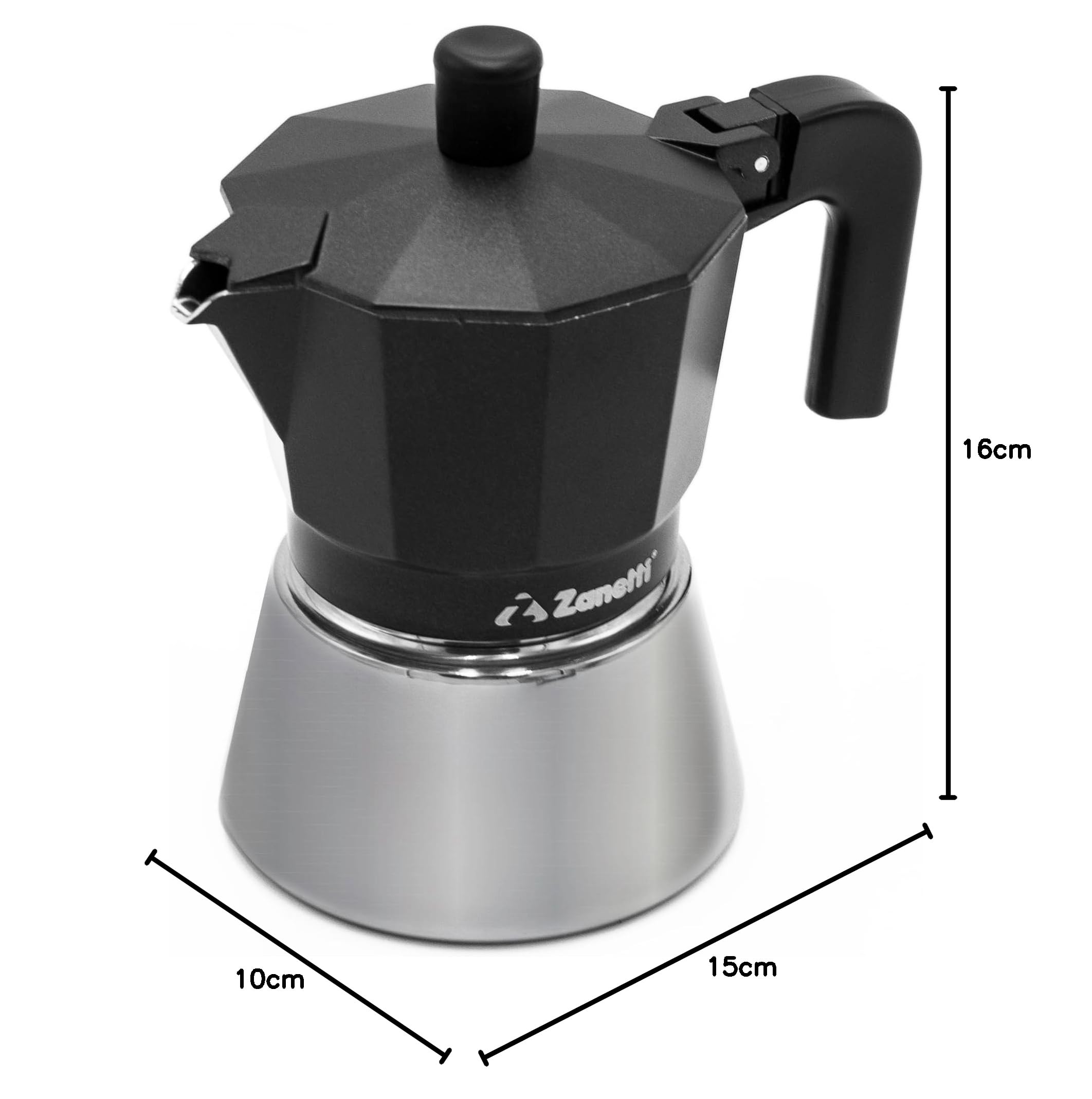 Zanetti, Star Caffettiera Moka Induzione Tre Tazze, Espresso Con Caldaia in Acciaio Inox e Manici Ergonimici, Adatta ai Piani a Induzione 3 Tazze Colore Nero