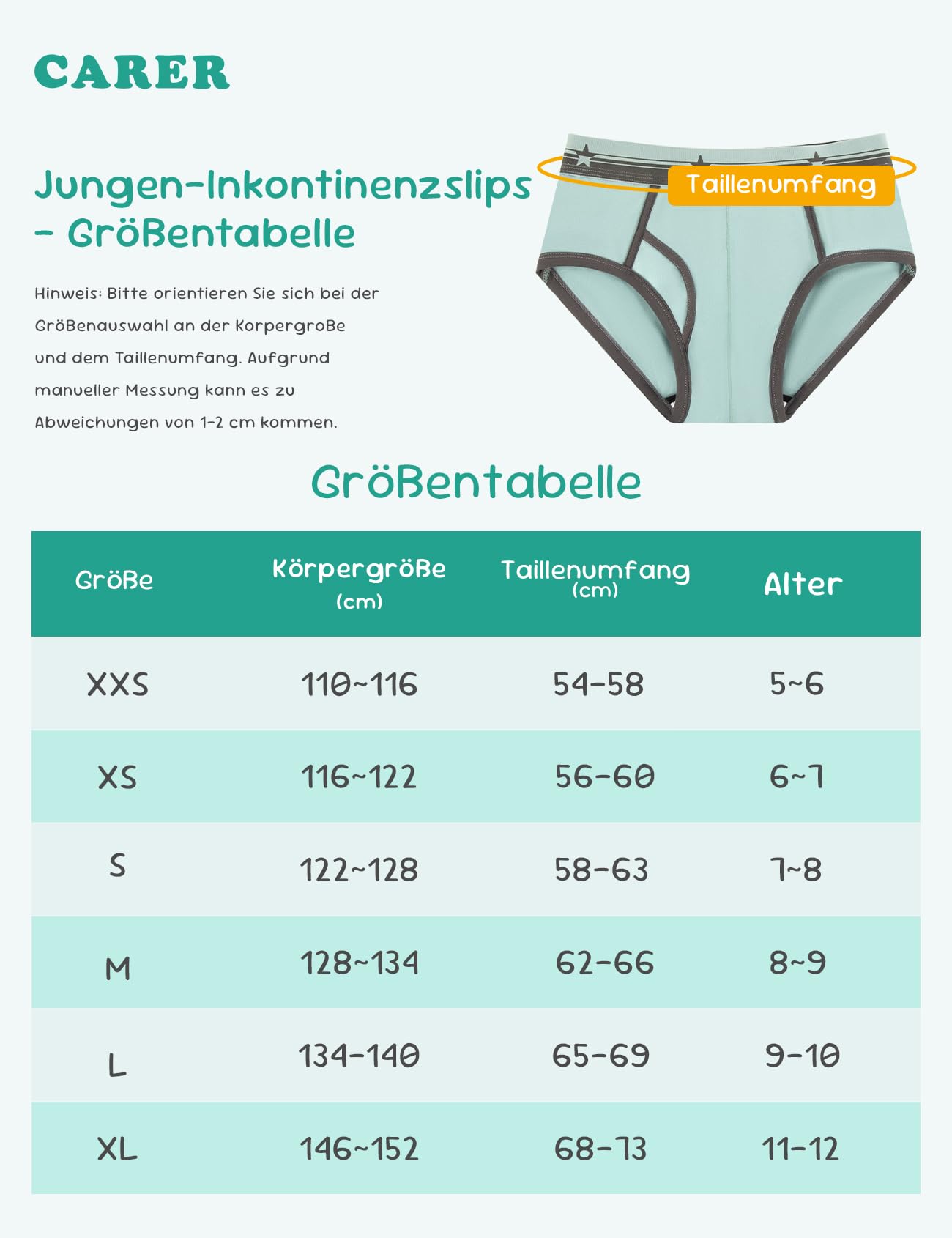 Carer 3er Pack Jungen Inkontinenzslip 60 ml Saugkraft Weiche Baumwoll-Unterwäsche bei leichter Inkontinenz Wiederverwendbar 122-128