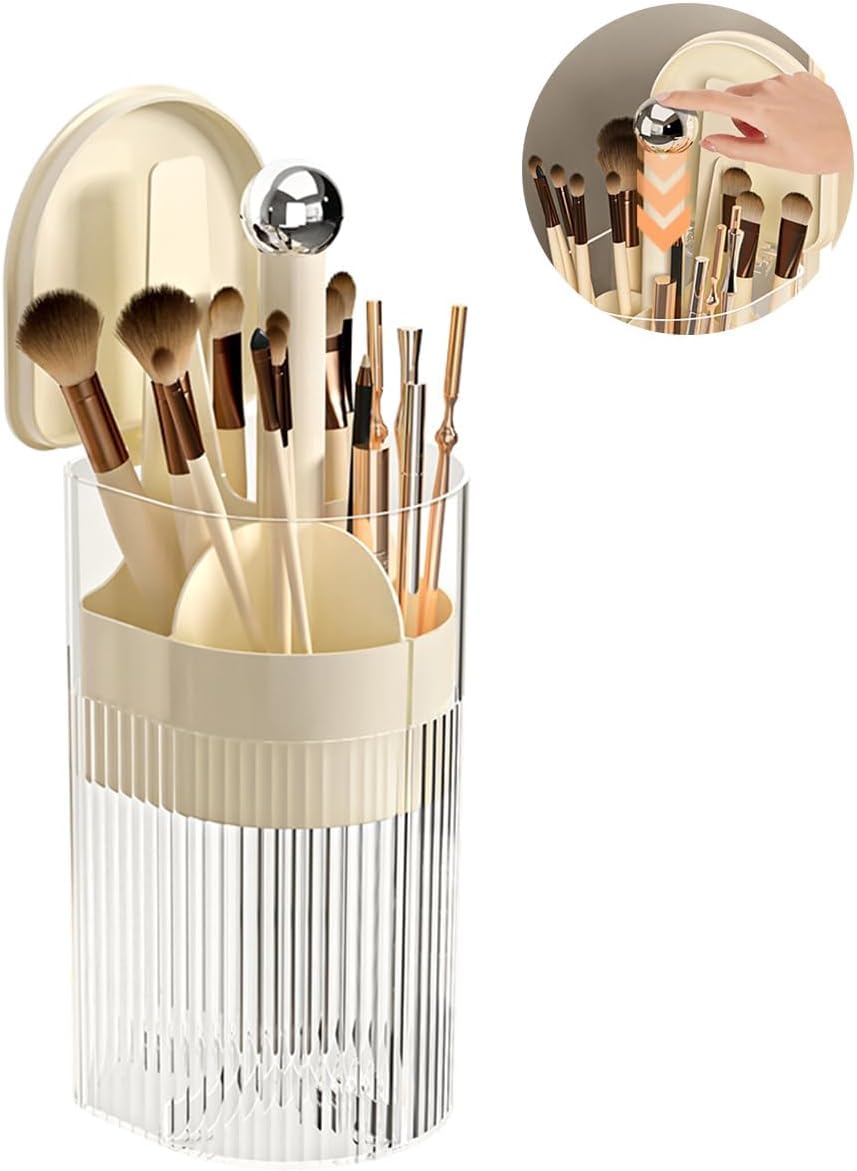 Makeup Brush Holder with Lid, One-Hand Press Open/Close Mechanism Cosmetic Tools Organizer, Clear Waterproof Dustproof Make Up Storage for Vanity, Bathroom Countertop-Cream-Silver Ball Cream - Silver Ball image 7 of 7 B0F32Q7ZPD