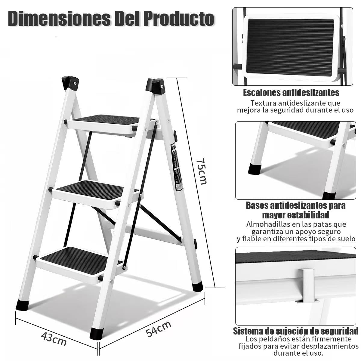 Escalera Plegable 3 peldaños con Pedal Antideslizante | Escaleras Plegables Domésticas | Step Ladder para Hogar | Escalera Plegable Multifuncional