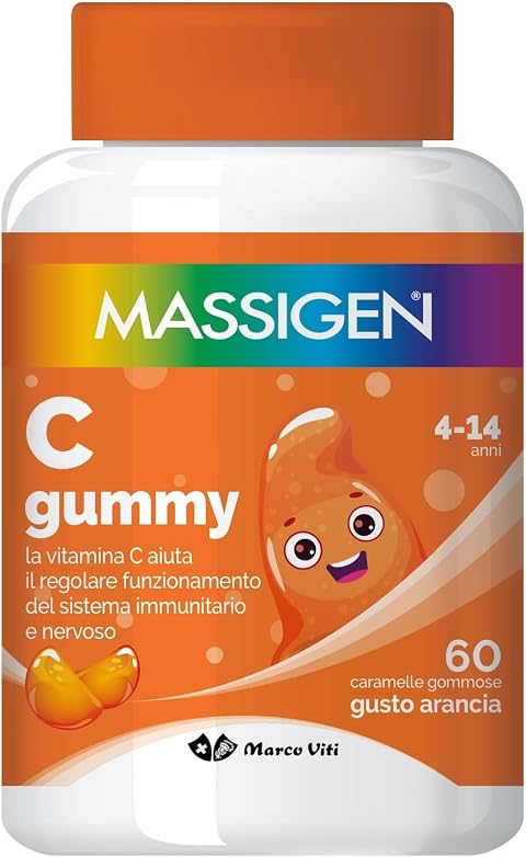 Massigen - C Gummy, 60 Caramelle da 3,3 g, Integratore Alimentare con Vitamina C, Vitamine Gommose per Bambini 4-14 Anni, Gusto Arancia, Ideale per Sistema Immunitario e Nervoso