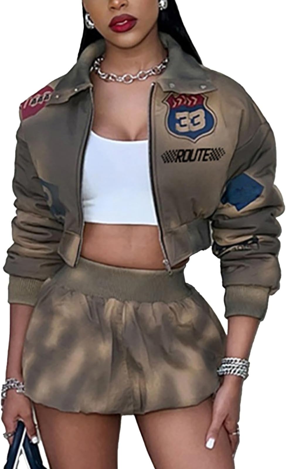 Womens Letter Print 2 Piece Sets Long Sleeve Cropped Varsity Jacket Mini Skirt 2 Piece Outfits Vintage Street Tracksuit