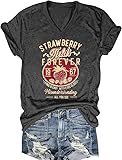 Women's Strawberry Pattern V-Neck T-Shirt 1967 Country Music Retro Double Strawberry Casual Loose Fit Short Sleeve Top（Grey2-S）