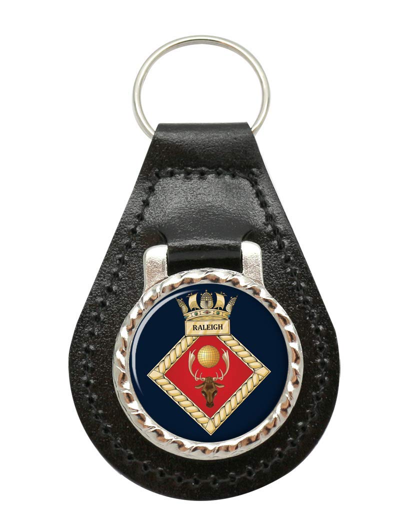 Giftshop Uk Unisex Black Leather And Silver Metal Hms Raleigh, Royal Navy Leather Key Fob
