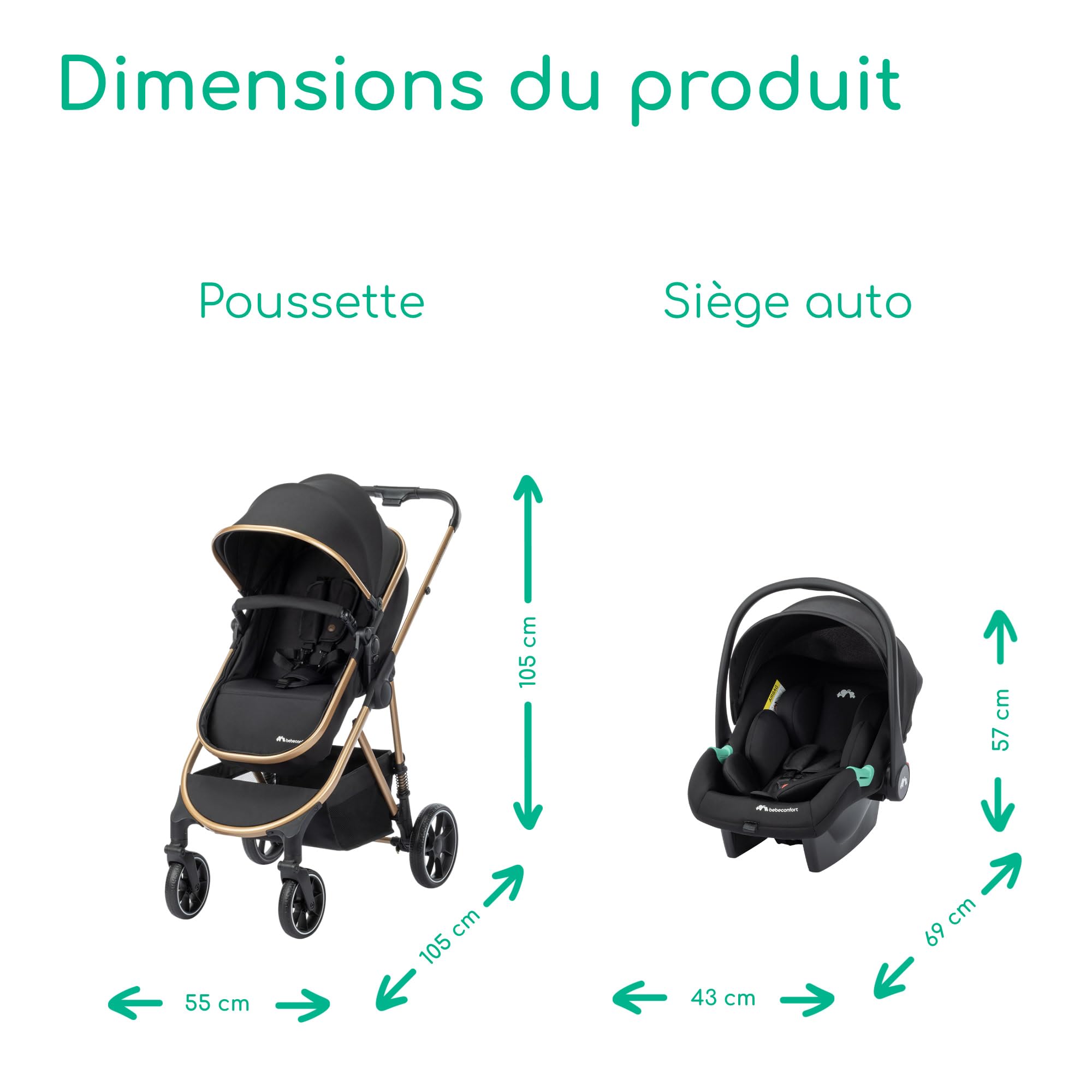 Bebeconfort Zaria Trio, Poussette Trio avec Accessoires, 0-22 kg, Noir/Or | Poussette 3 en 1 avec Siège Auto Bébé, Siège Réversible et Inclinable 2-en-1, Suspension aux 4 Roues, Panier 5 kg