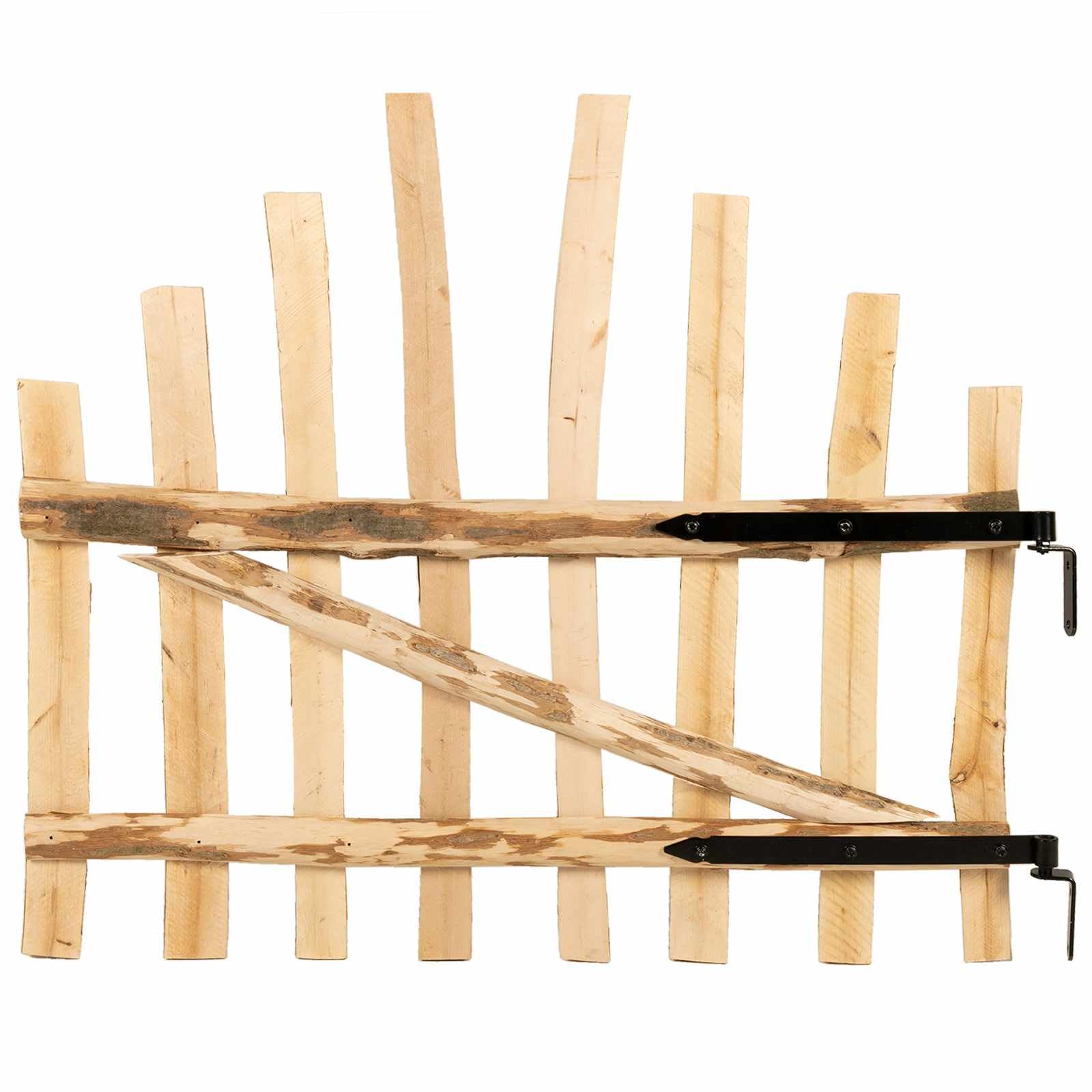 Wypukła brama ogrodowa z impregnowanego drewna leszczynowego, 100 x 90 cm, o naturalnym wyglądzie i łatwym montażu łącznie z zawiasami i hakami.