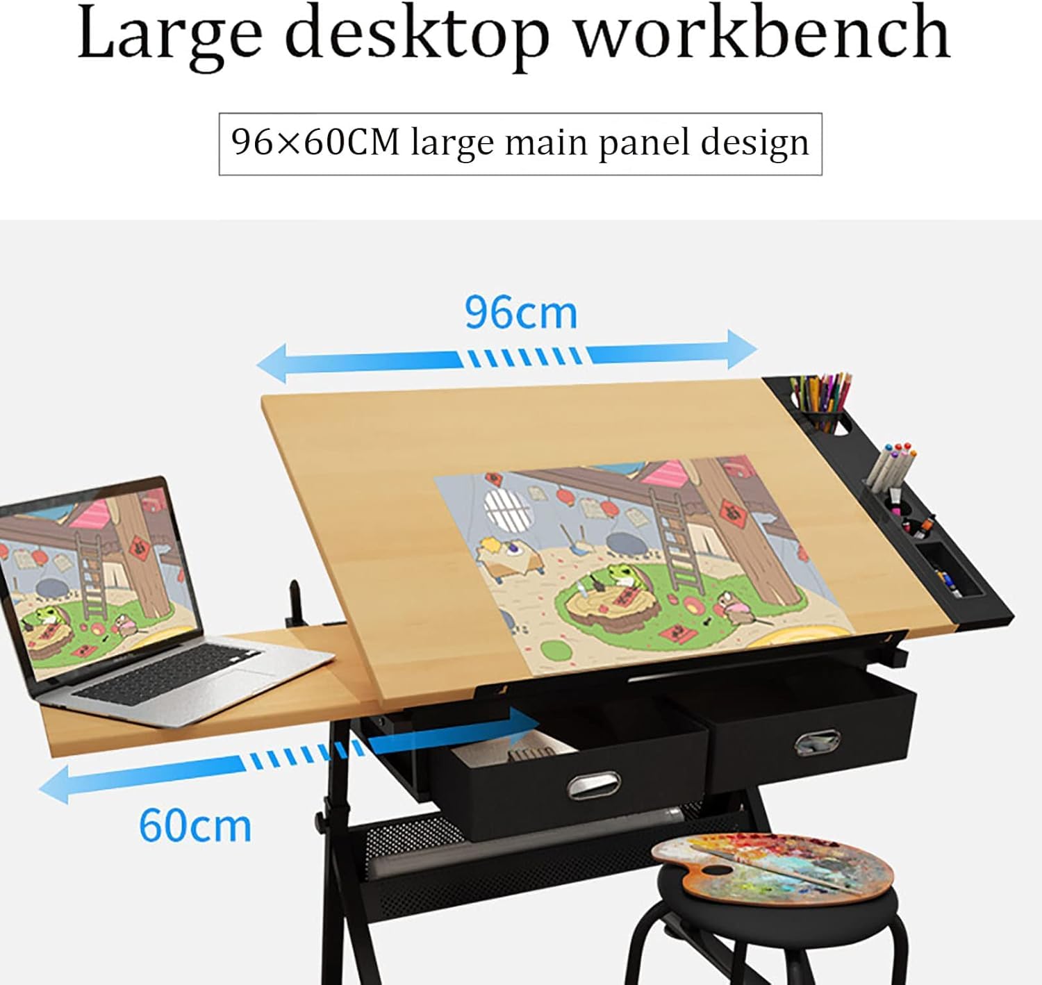 Höhenverstellbarer Zeichentisch mit Aufbewahrung, Kunstschreibtisch zum Zeichnen, Grafikdesign, Basteln und Lesen, vielseitiger Tischarbeitsplatz für Künstler und Designer