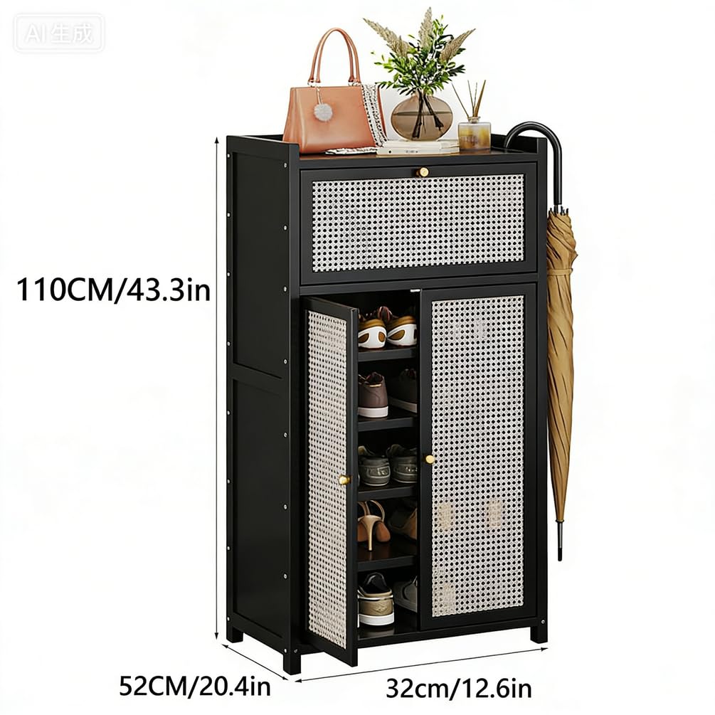 Meuble de Rangement à Chaussures Armoire D'entrée étroite Buffet Haut en Rotin étagère à Chaussures en Bambou Grand Meuble à Chaussures Autoportant