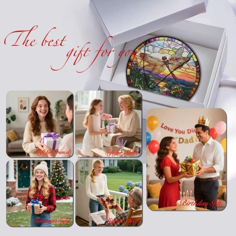 Miniatura 3 de Dragonfly Stained Glass Suncatcher Tiffany Style Dragonfly Window Hanging with Sunset Landscape, Round Colorful Glass Sun Catcher for Home Window