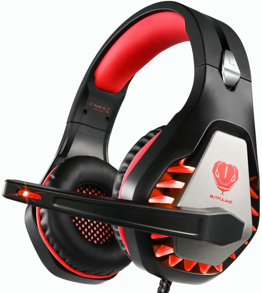 BUTFULAKE GH1 Over-Ear Gaming Headset, Noise Isolation Mic, Strong Bass, High Precision 50mm Dirver, 3.5mm Audio Cable, LED Lighting for PS4 Xbox Switch PC Skype (Ruby Red)