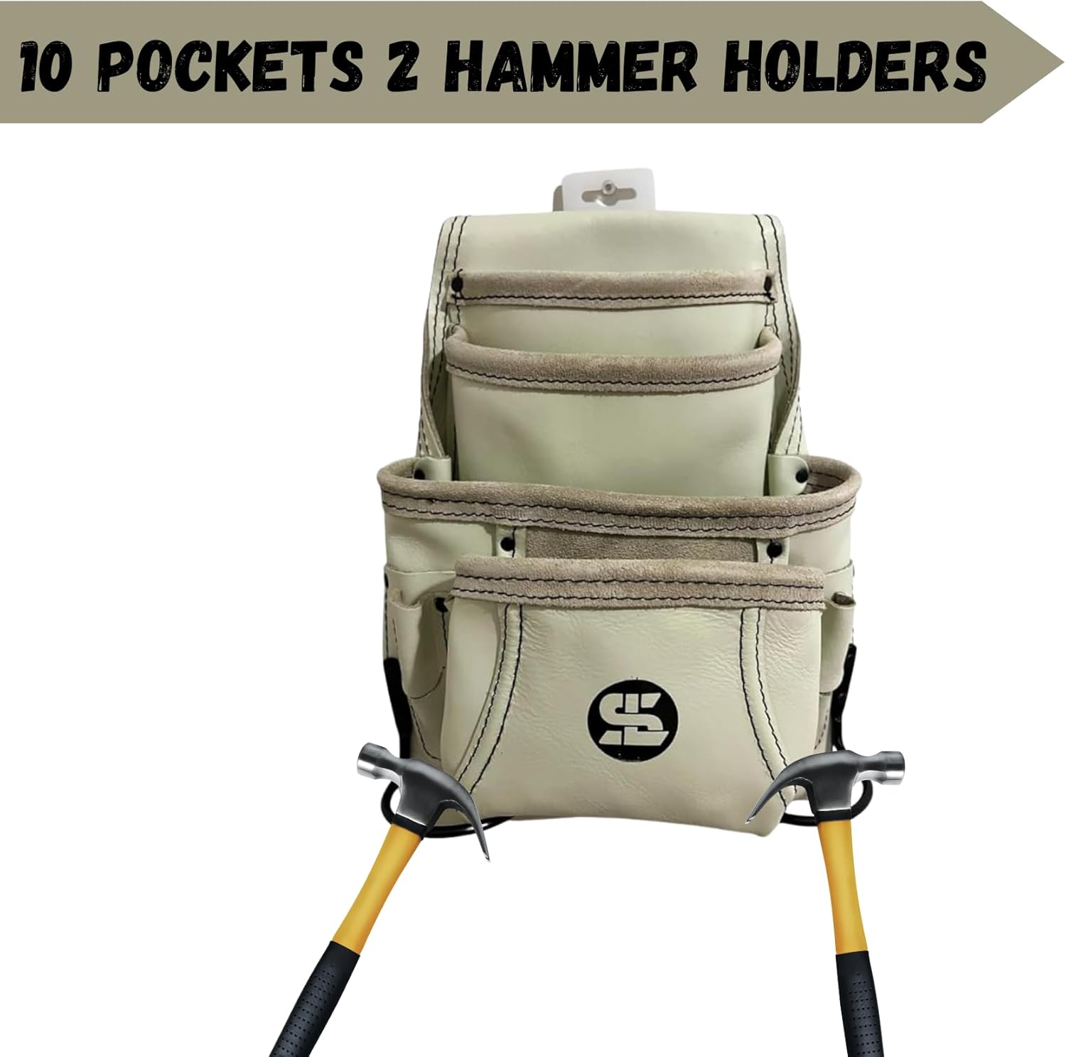 Supreme Leather 10 Pocket Tool Pouch for Construction, Carpenters, Electricians, Drywall & Framing Work Professionals | 2 Sided Hammer Holder & Screw and Nail Bags | ‎Cream | 100% Leather