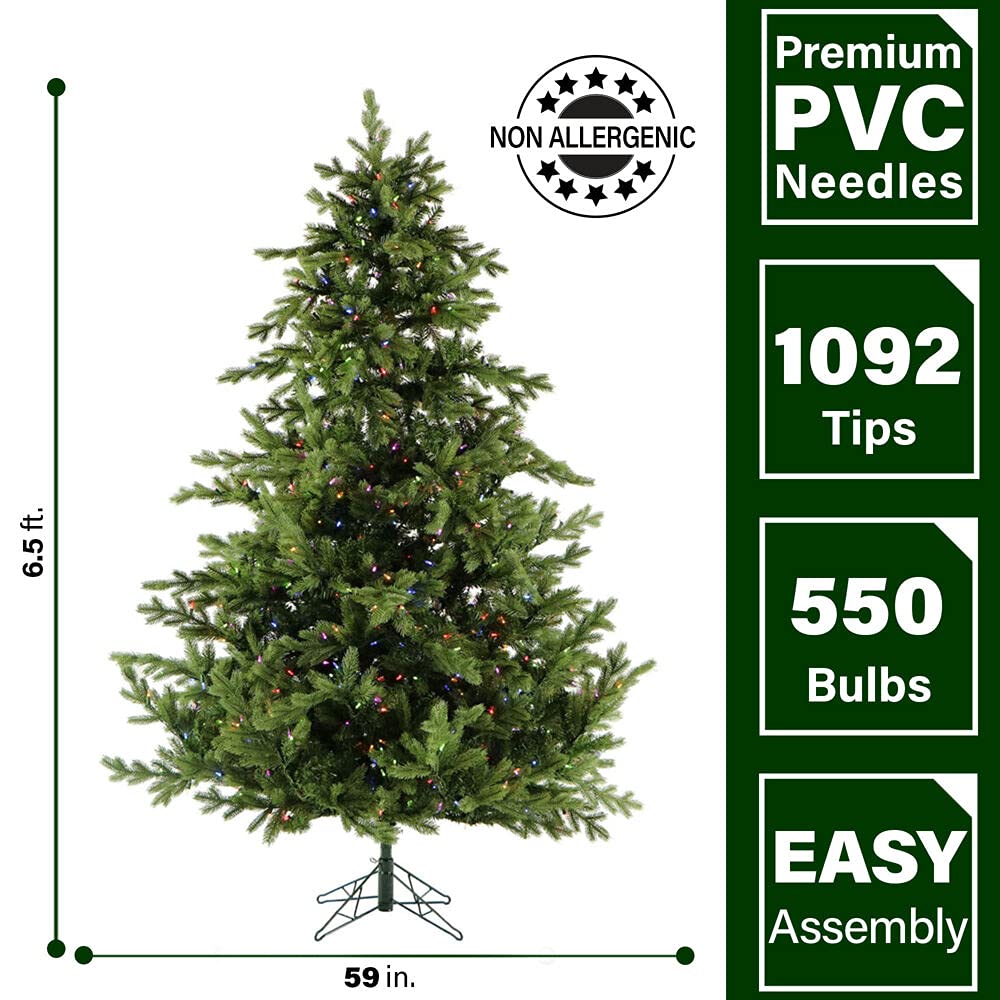Fraser Hill Farm Foxtail Pine Christmas Tree, 6.5 Feet Tall | Faux Tree Includes Remote Control Multi-Color Clear LED Lights with Easy to Connect Functions | FFFX065-6GR, Green