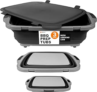 Collapsible BBQ Prep Tubs 3-Piece Set- For Meal Prep Marinating Food Storage - Includes Cutting Board & Lid - (1) JR + (1) OG + (1) XL - Black
