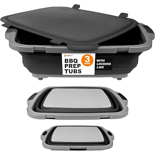 Drip EZ Collapsible BBQ Prep Tubs 3-Piece Set- For Meal Prep Marinating Food Storage - Includes Cutting Board & Lid - (1) JR + (1) OG + (1) XL - Black