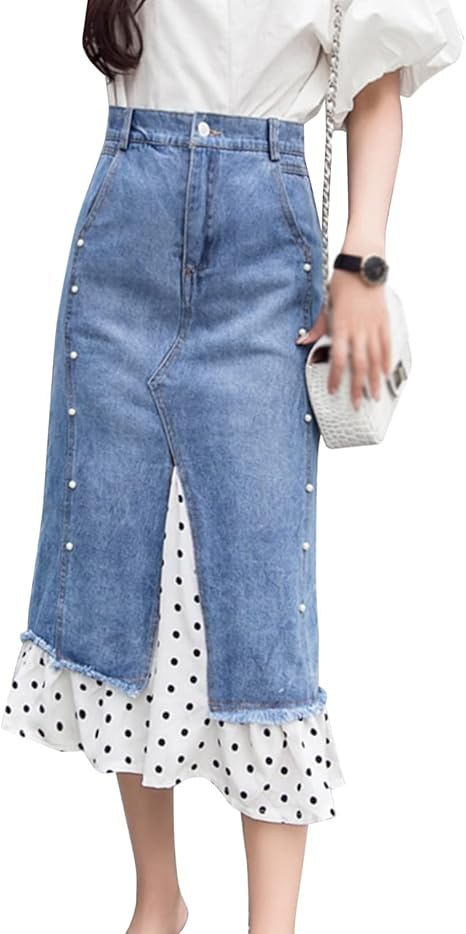 Amazon Co Jp レディース デニム スカート レーススカート女性デニムスカートaラインスプリットスカート 波ポイントフリルハイウエストフィッシュテールスカート 色 青 Size Large 服 ファッション小物