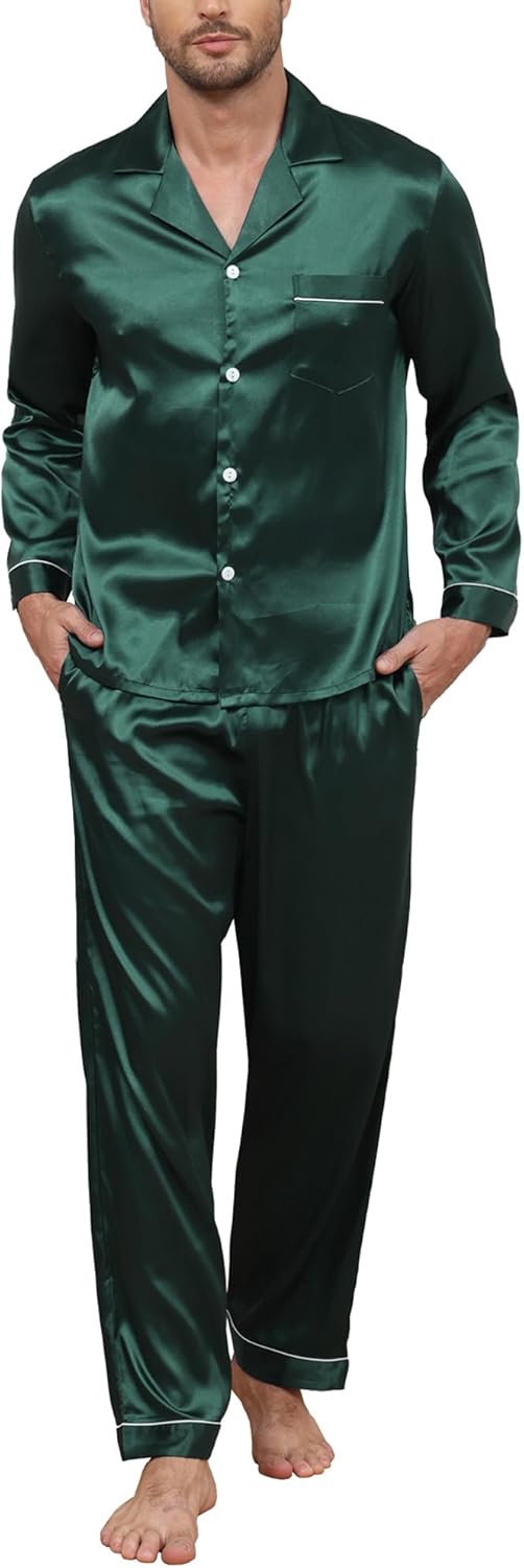 Mens Silk Pajama Set Satin Pajamas Set for Men Long Sleeve Button-Down Sleepwear Loungewear with Pants