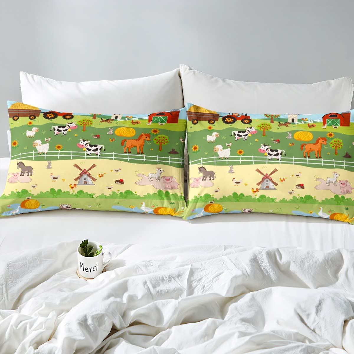 Fattoria Animale Copripiumino 135 x 200 cm Carino Mucca Cavallo Set di biancheria da letto per bambini piccoli, Fumetti Camion Trattore Consolatore Copertura Rustico Fattoria Letto Set Paese Gallo