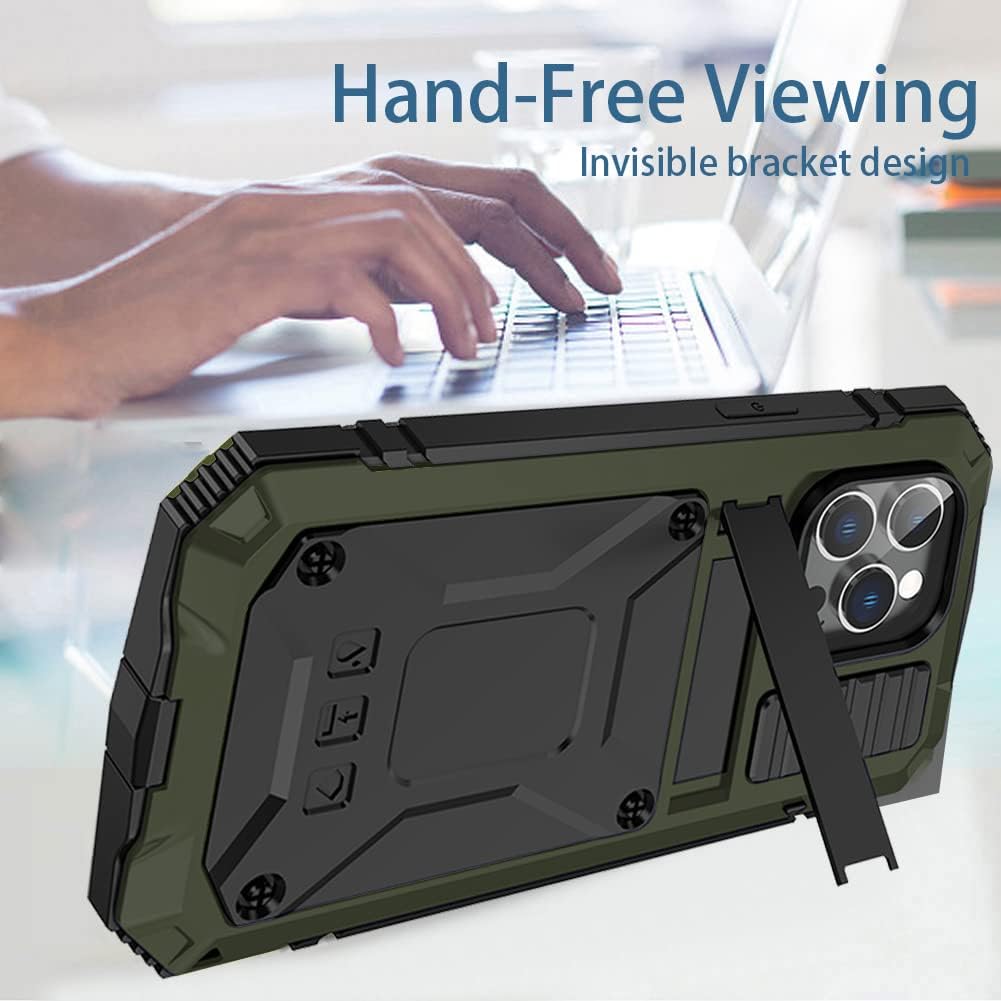 Simicoo iPhone 14 Metal Bumper Silicone Case iPhone 14 Case with Stand Built-in Screen Protector Gorilla Glass Hybrid Military Shockproof Heavy Duty Rugged Full Cover for Outdoor (Green)