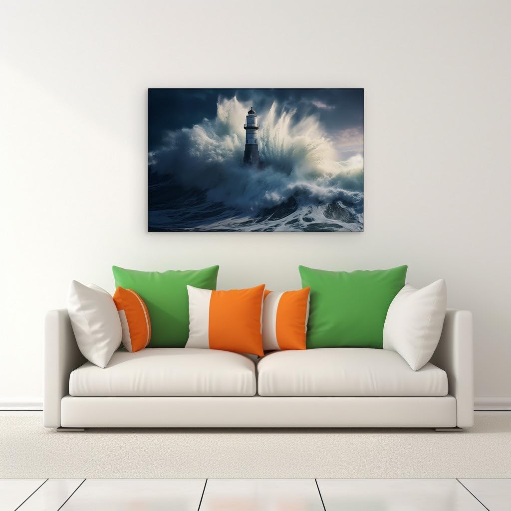 Canvas for Living room. Lighthouse Vigil in the Heart of the Tempest, 27 x 18 inch Canvas Wall Art - Contemporary Masterpieces - Modern Home Decor